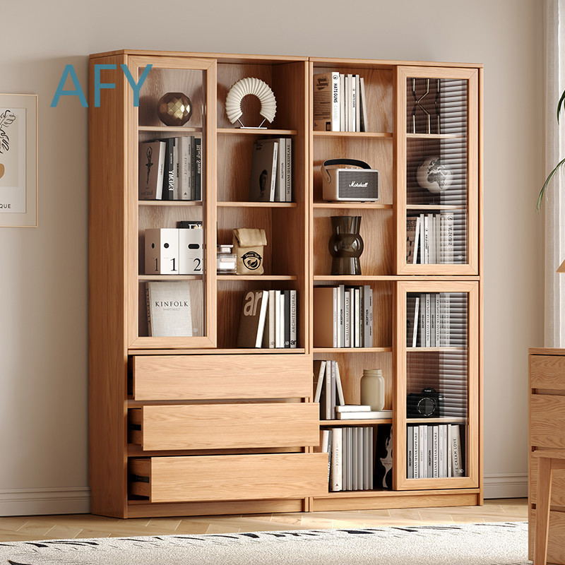 Solid Oak Bookcase with Slidin - Muji Home Storage 评论和价格